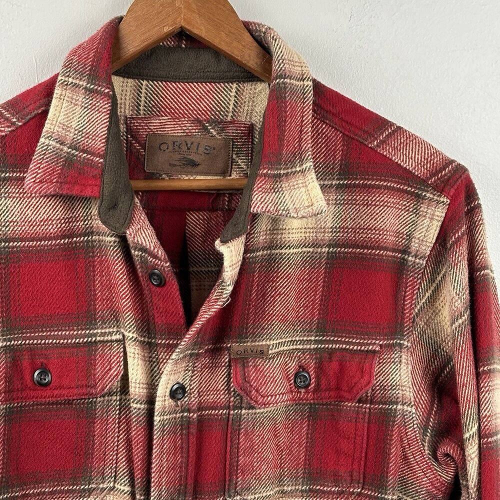 Orvis Men’s Medium Shacket Long Sleeve Shirt Red Beige Pocket Button Up Heavy - Picture 3 of 13